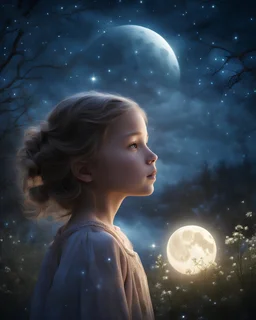 In an enchanted moonlit night, a dreamy young girl stands under the shimmering glow of the moon, her eyes filled with wonder and contemplation. The night sky is filled with stars, casting a soft, ethereal light over the serene landscape. The atmosphere is one of tranquility and magic, as the girl is enraptured by the beauty of the nocturnal scene. The digital art should capture the enchanting moment, portraying the girl in a state of peaceful reverie, while the moon and stars illuminate the surr