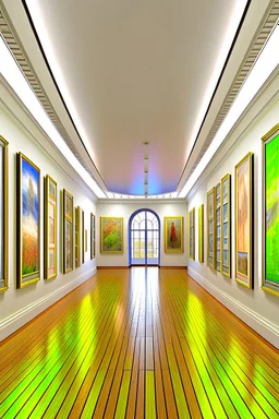 3 D-shot A hall for displaying art paintings. The walls are oval-shaped, and there is an oval wall in the middle of the hall, to divide the hall into two parts, and the paintings are hung on the walls.