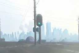 Smokey cyberpunk cityscape, dystopian