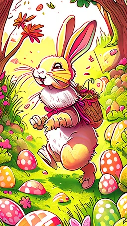 Easter bunny adventure, art, drawing, very illustrative, children book style, detailed, vibrant colors.