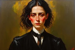 Egon Schiele, Andrea Kowch, Jean-Giraud Moebius, figurative abstract expressionist art, somber Gothic female vampire sorceress,full body portrait perfection,abstract painting ,acrylic art,oil paint,sharp brush strokes, fine palette knife, highly detailed hair and facial features, rugged skin tones, subdued natural colors, museum quality render