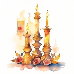 Watercolor candlestick with burning candles from the movie Beauty and the Beast on a light background