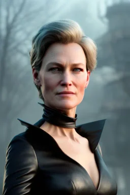 Robin Wright as evil queen in black leather, busty, cleavage, curvy, Claire Underwood, angry, stern look. character design by cory loftis, fenghua zhong, ryohei hase, ismail inceoglu and ruan jia. unreal engine 5, artistic lighting, highly detailed, photorealistic, fantasy