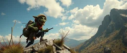 the coolest sassy goblin explorer climbing a hill with crazy swag in the style of fallout 4