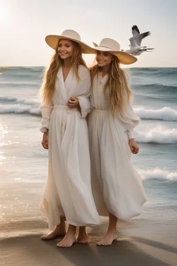 ((Mary-Kate and Ashley Olsen a warm hug)),Her laughter floats harmoniously with the sound of seagulls, infusing the air with a joyful melody. A vivacious energy radiates from her as she gracefully adjusts her oversized sun hat, casting a charming shadow on her sun-kissed face. The rhythmic crashing of waves seems to echo her carefree spirit.