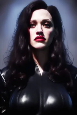 painting of kat dennings as evil queen in black leather pants, , leather, angry, stern look, volumetric lighting, particales,highly detailed,cinematic, deep colours,8, highly detailed, digital painting, artstation, concept art, smooth, sharp focus,