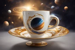 A universe swirling in a beautiful gold rimmed porcelain coffee cup, with planets, stars, steam, masterpiece, in sunshine