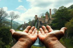 two cupped rock hands with a english-village with a waterfall in it,medieval fantasy.nature, surreal