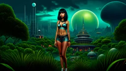 Photorealistic, full Body Photo Of A slim Exotic Sci-Fi Pin-Up Girl, With dark Hair and Bangs, on an alien jungle Planet With Cloud Trees, Tall Spires, Buildings, Bridges, Arches, a stormy skyline, with lightning