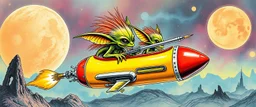 hairy macho gremlin aliens living in a hi tech marvellous hot dog rocket with a mounted sling shot, heading for venus, airbrush with pen outline