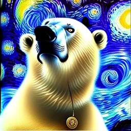 Dibujo al oleo de un oso polar con nubes de colores estilo Vincent van Gogh