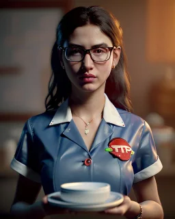 waitress woman with Sesame Street muppet mask head, concept art, retro style, smooth, unreal engine 5, god lights, ray tracing, RTX, lumen lighting, ultra detail, volumetric lighting, 3d.