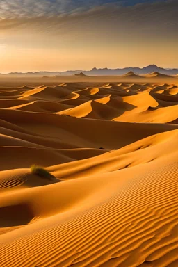 The iconic sand dunes of the Sahara Desert near Merzouga at sunset. Detailed, hyper-realistic rendering. The golden sand dunes stretch far into the horizon, their smooth curves seeming to glow under the fading sunlight. A caravan of camels can be seen in the distance, dwarfed by the immense scale of the desert.