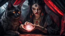 Hyper Realistic photographic-view of Wicked-&-Beautiful-Fortune-teller-with-glowing-red-eyes wearing black-crystal-necklace-&-bracelet angrily Looking at her crystal-ball glowing magically & sitting in her tent with a horrifying-black-cat at dark-night decorated with fancy-traditional-feathers-&-tarot-cards showing dramatic & cinematic ambiance