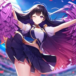 Clear focus,High resolution,High quality, Cheerleader, Smiling, Eyes closed, Black long hair flowing with the wind, Purple eyes, Slight Reveal Clothes