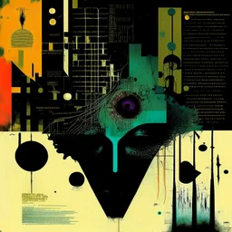 Macabre surreal memory test, nightmare cartography bar scale textures, abstract sci-fi, by Arthur Secunda and Dave McKean and Tracey Adams, mind-bending illustration; dramatic poster art, rich colors, asymmetric, vertical braille code schematic