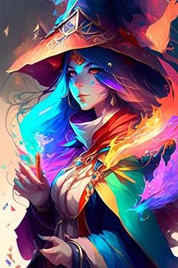 anime woman, mage, colorful
