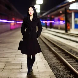 A beautiful slender young Asian woman with short black hair and a black trench coat, waiting for a man at night at a train station in London