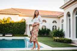 very beautiful lady with beautiful midi skirt and blouse standing in a luxury villa yard with high heels looking to camera