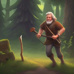 a man running with an axe in the forest by a campfire and stone wall, all in pixel art cartoony stile