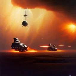 dramatic atmospheric Chris Foss painting of a space explosions battle scene with an armored VTOL hovercraft with gun turret in the desert with stormy sky and a duststorm