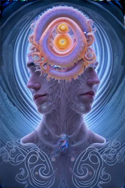 Spiritual being with Tentacles over human Head creating reality around, wrapping Spiral around Human, Psychedelic