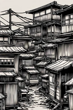 Japanese shanty town, greyscale, thin line arts