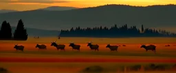 Elk crossing a prairie field, magic hour