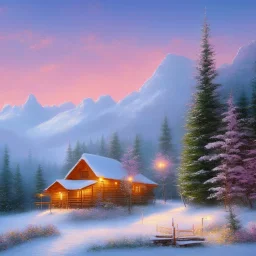 landscape mountain small cabin snow, oil painting, pink, blue, white colors, bob ross style, detailed