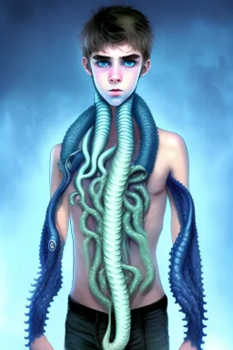 16 year old boy warlock with milky blue eyes, and lamprey tentacle growing out of his belly. in the style of HR Giger
