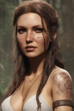 portrait busty and face, camilla luddington abandoned, big busty, T-shirt lara croft clothes,brian froud, howard lyon, selina french, anna dittmann, annie stokes, lisa parker, greg rutowski