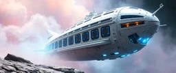 ornate indented space ship, shiny bright slug mega ship snail flourescent white blue like bubble gum with many windows and decks, interdimensional twister, rock against colored spaced fog, space interior