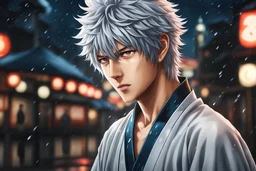 Gintoki in 8k 2D anime realistic drawing style, Gintama costum, close picture, rain, japan, highly detailed, high details, detailed portrait, masterpiece,ultra detailed, ultra quality