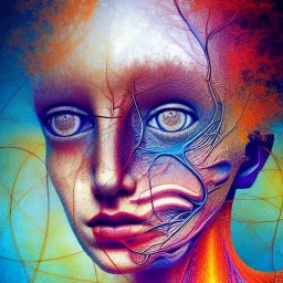 fractals in a human, an abstract painting, portrait, mixed media, textured, anatomically correct, beautiful perfect face, sharp focus, highly detailed