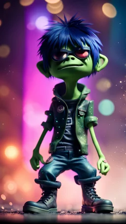 full figure portrait of Murdoc from Gorillaz with space boots flying through space glittering dust with arms folded on stage,bokeh like f/0.8, tilt-shift lens 8k, high detail, smooth render, down-light, unreal engine, prize winning