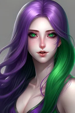 beautiful woman with green eyes and long purple hair anime realistic