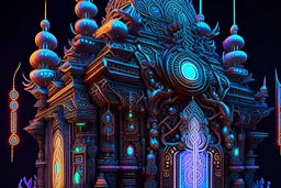 Expressively detailed and intricate 3d rendering of a hyperrealistic “neon ancient temple”: front view, shinning neon, tribalism, gothic, shamanism, cosmic fractals, dystopian, dendritic, stylized fantasy art by Kris Kuksi, mati klarwein, artstation: award-winning: professional portrait: atmospheric: commanding: fantastical: clarity: 16k: ultra quality: striking: brilliance: stunning colors: amazing depth: masterfully crafted.