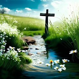 Christian Cross by a beautiful stream, field in the background with wild flowers