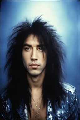 professional quality 35mm photograph, Chiaroscuro lighting, deep shadows, rich deep colors, facial portraits, 1980, 15-year-old Ace Frehley, ((1980's big hair, long, teased up Spikey Motley Crue style hair)), black hair, facial portraits, foggy, cloudy blue wall with assorted designs and multiple floral arrangements in the background, 4k, 8k, 16k, 32k, 100k UHD, Ultra-Hyper Resolution, dark, sultry eyeshadow, eyeliner, mascara, rouge, lipstick,