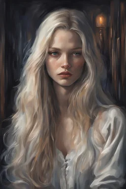 Alone I sit in a dark room! Vampire style Eye candy Alexandra "Sasha" Aleksejevna Luss oil Symbolism style , subject is a beautiful long hair female in she cramped apartment, he sank deep into the world of dream Heart heavy, mind full of worries.