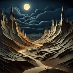 Creepy landscape, strong texture, night, volumetric light, Yves Tanguy, Egon Schiele, 3d abstractism