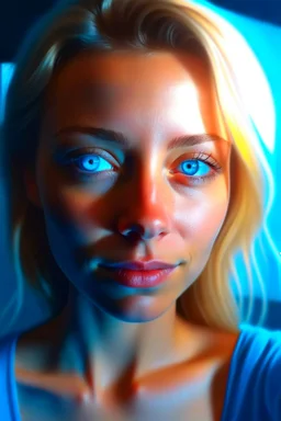 A hyper-realistic, detailed photo , A 40-year-old blonde gorgeous woman takes a selfie ,natural bodi shape ,blue eyes, bathed in cinematic light. , realistic elements, captured in infinite ultra-high-definition image quality and rendering, full size photo view