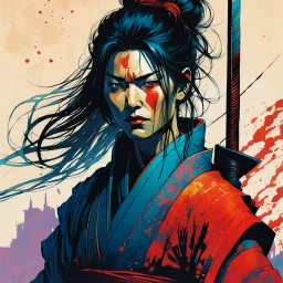 create an imaginative print illustration of an ethereal, otherworldly gaunt and withered ancient female ronin samurai vampire , in the comic book art style of Bill Sienkiewicz, Mike Mignola, and Jean Giraud Moebius, with highly detailed feminine facial features, styled after Sekiro