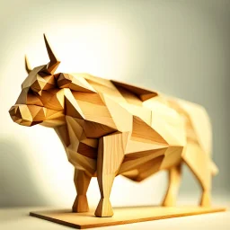 low polygon bull made out of wood, in focus