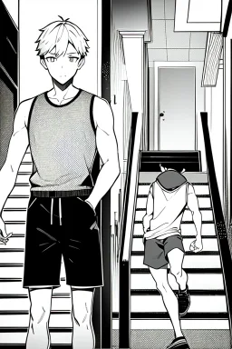 a boy in shorts sleeveless shirt climbs the stairs, greyscale