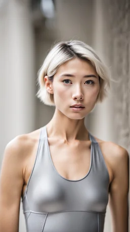 beautiful asian anorexic woman, total shot, short silver triathlon swimsuit, short blond wavy bob hair, blurred concrete background, grey triathlon swimsuit