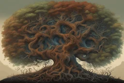 gnarled and twisted tree of life with faces and bodies crawling out of the trunk and branches, deep colour, in the multiverse