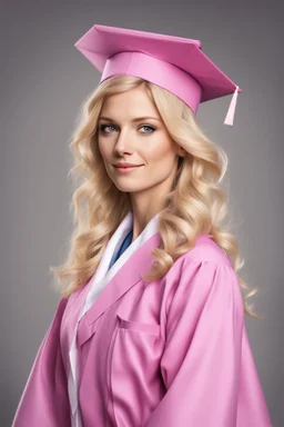 Een dom blondje die haar dokterdiploma heeft gekregen dankzij CHATGPT. Straalt domheid uit. Haar graduation outfit is volledig roze. Karikaturaal, carnavalesk, er zijn dokterattributen, denk legally blind en greys anantomy Dokter moet duidelijk zijn