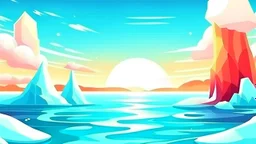 cartoon illustration: nature with icebergs and frozen sea, sun in the sky