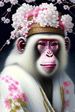 Beautiful japanese macaque in thermal water portrait wearing japanese style headress camelia and cherry blossom floral, black beads, white snowy earls headdress, organic bio spinal ribbed detail of snowy japanese floral costume, background extremely detailed hyperrealistic concept art
